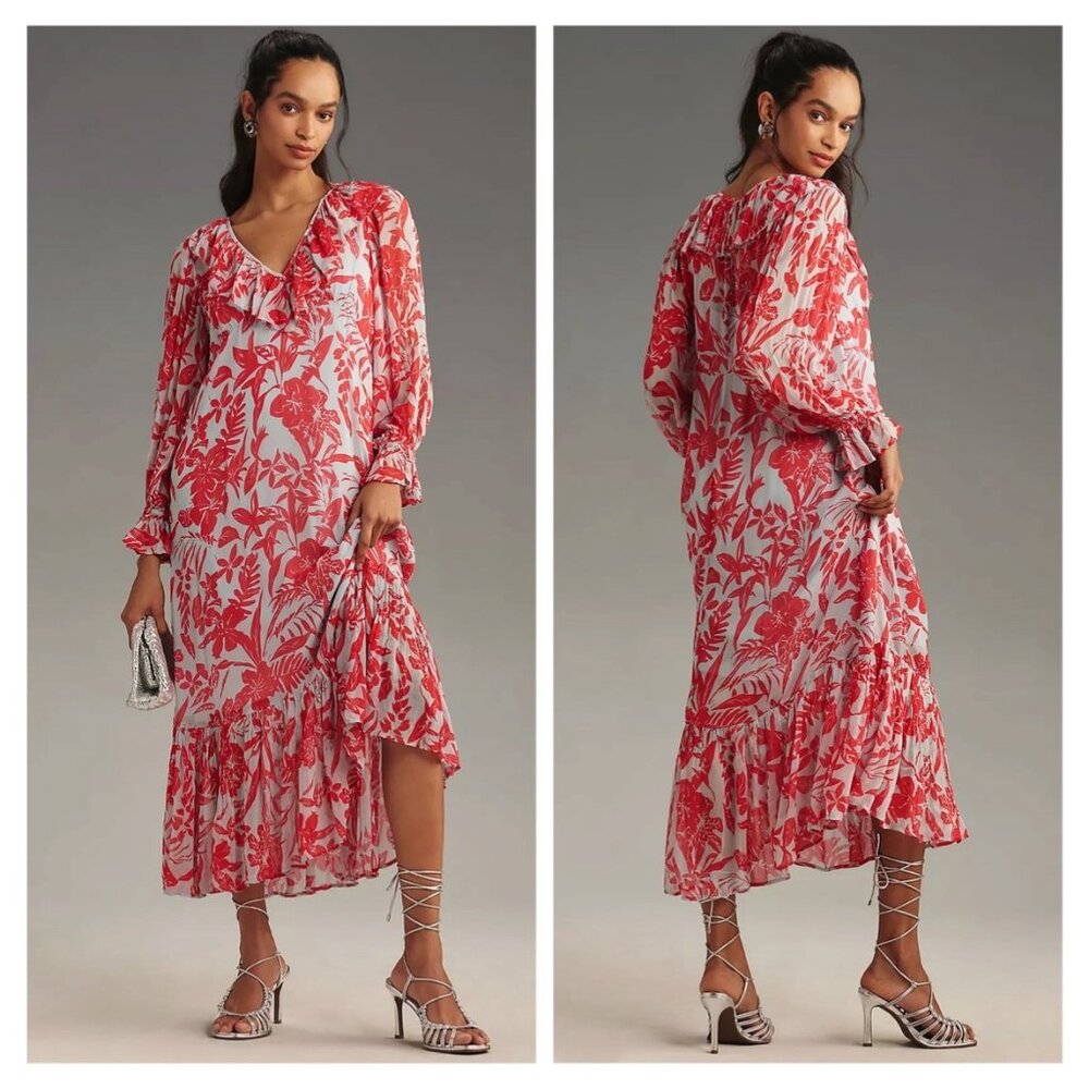 Anthropologie Red and White Floral Dress